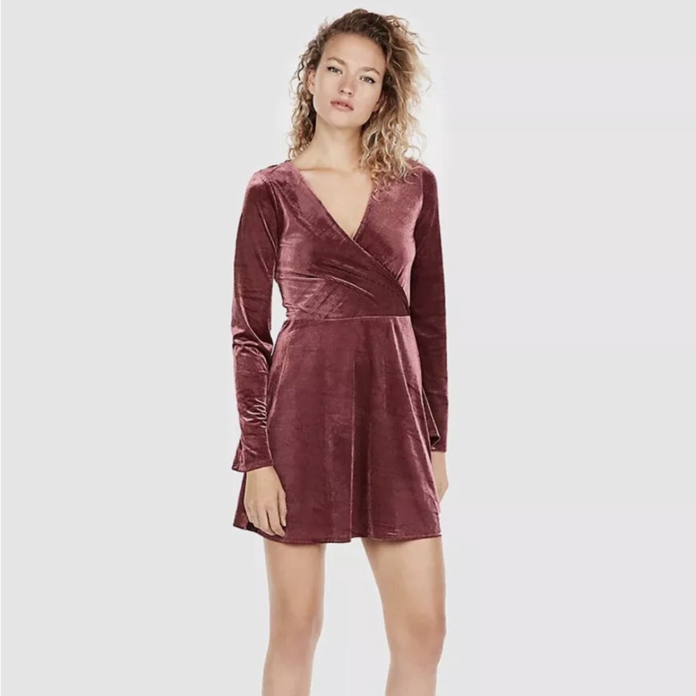 Express Velvet Surplice Flit and Flare Dress- Ribbed Velour